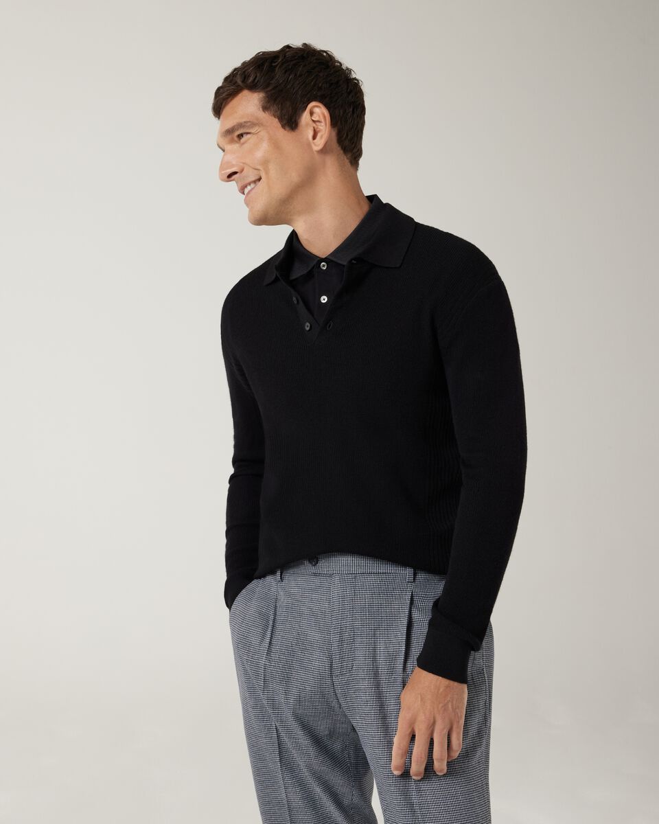 Long sleeve knitted polo, Black, hi-res